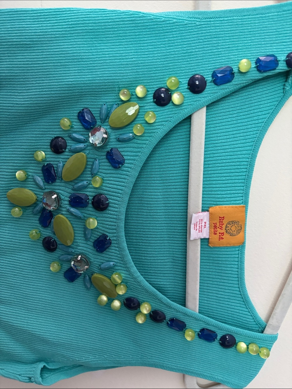 Ruby Rd. Turquoise Ribbed Tank with Beaded Neckline - Picture 3 of 4